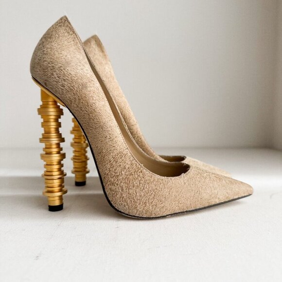 Julia Haart Nude Beige Pointy Toe Unique Heel High Heels 38.5 - Picture 11 of 11